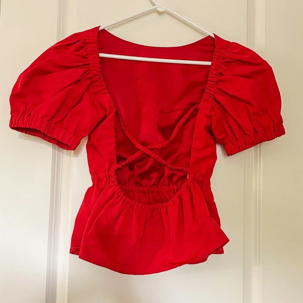 STAUD Red Puff Sleeve Peplum Blouse CrissCross Open Back Size Small